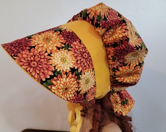 Womens Teen Pioneer Prairie Victorian Civil War Bonnet Sunbonnet, Primitive, trek, historical, hat, reenactment, Poke Bonnet, Chrysanthemums