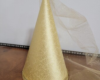 Gold Brocade metallic swirls Deluxe Princess Medieval Cone Hat, renaissance, henin, headpiece, headwear, accessory, crown, girls, adults