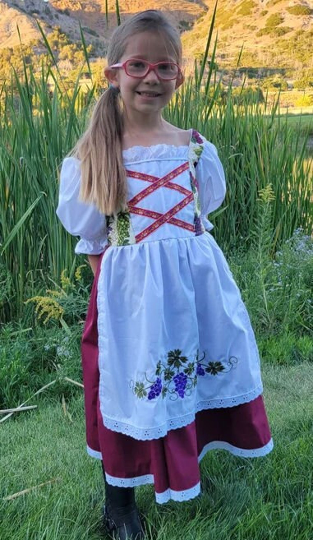 Girls Italian, Greek, Dirndle, Grape theme European Folk Costume, German, Oktoberfest, Swiss, Heritage Days, Halloween, Festival dress, New Girls Italian, Greek, Dirndle, Grape theme European Folk Costume, German, Oktoberfest, Swiss, Heritage Days, Halloween, Festival dress, New