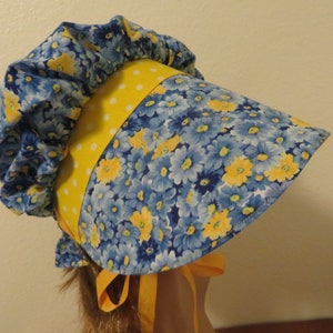 Ladie or teens Pioneer Sunbonnet, Prairie, Victorian, Civil War Bonnet, Primitive, Blue and yellow floral, polka dots, poke bonnet, new image 6