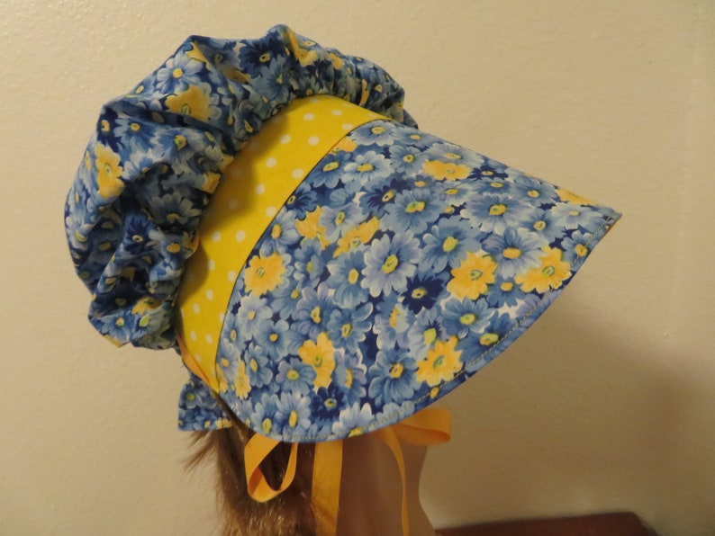 Ladie or teens Pioneer Sunbonnet, Prairie, Victorian, Civil War Bonnet, Primitive, Blue and yellow floral, polka dots, poke bonnet, new image 6