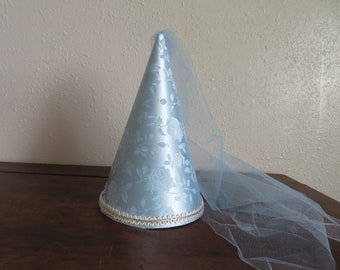 Light Blue Satin Brocade Deluxe Princess Medieval Cone Hat, renaissance henin, headwear, cap, crown, accessory, new, Hennin, Girls, adults