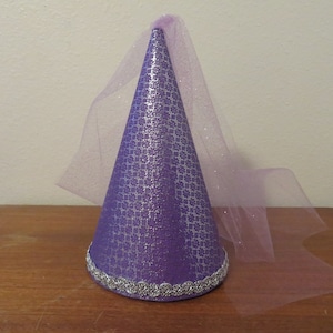 Purple and silver metallic brocade Princess Cone Hat, medieval headpiece, renaissance hat, henin, damsel hat, accessory, cap, girls, adults image 1