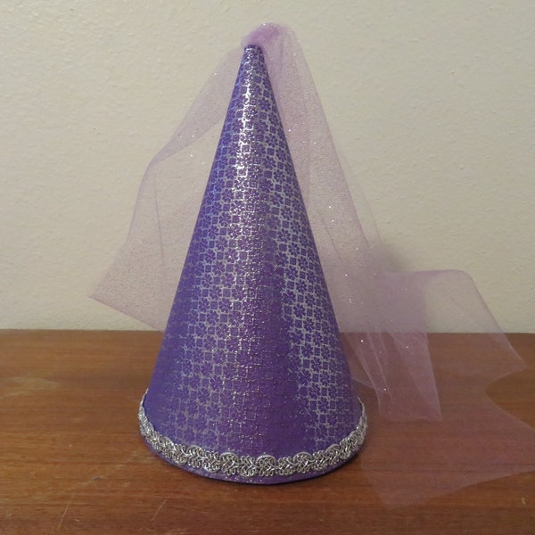 Purple and silver metallic brocade Princess Cone Hat, medieval headpiece, renaissance hat, henin, damsel hat, accessory, cap, girls, adults