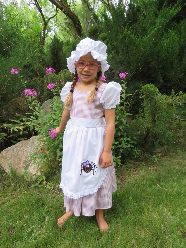 Little Miss Muffett dress and mop cap, Girls costume NEW Fairy tale, nursery rhyme, curds & whey, gingham check, purple, spider, story book, image 7