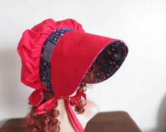 Ladies Pioneer Trek Bonnet, Wagon Train Reenactment, Prairie, Victorian, Civil War, Red and blue bandana Sunbonnet, historical, hat, NEW