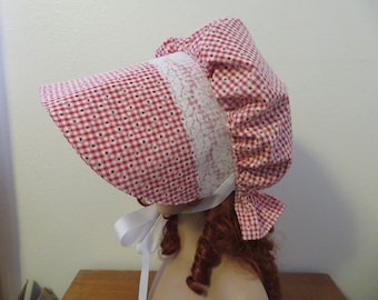 Ladies Pioneer Trek Prairie Victorian Civil War Bonnet Sunbonnet Primitive historical hat, reenactment lace trimmed red floral gingham check