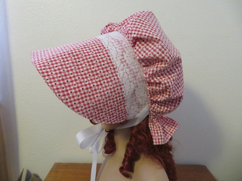 Ladies Pioneer Trek Prairie Victorian Civil War Bonnet Sunbonnet Primitive historical hat, reenactment lace trimmed red floral gingham check image 1