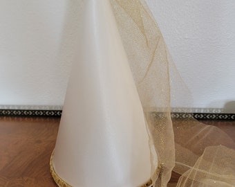 Cream colored Satin Princess Medieval Cone Hat, renaissance, henin, headpiece, headwear, accessory, girls, adults, Off-white, Ivory, pearl