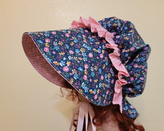 Ladies Teens Pioneer Trek, Prairie, Victorian, Civil War, Ruffled Bonnet, Sunbonnet, historical,  reenactment, blue floral, pink gingham