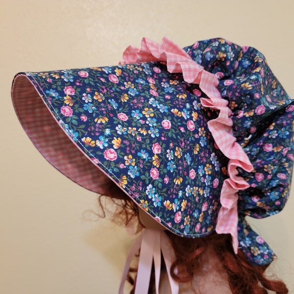 Ladies Teens Pioneer Trek, Prairie, Victorian, Civil War, Ruffled Bonnet, Sunbonnet, historical,  reenactment, blue floral, pink gingham