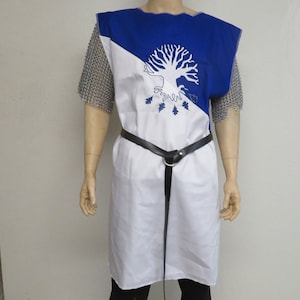 Blue & White Knight Medieval Surcoat with embroidered Tree, renaissance, Sir Bedevere, search for the holy grail, tunic, tabard, cosplay image 1