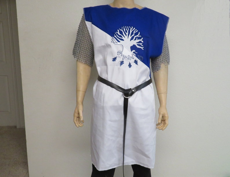 Blue & White Knight Medieval Surcoat with embroidered Tree, renaissance, Sir Bedevere, search for the holy grail, tunic, tabard, cosplay image 1