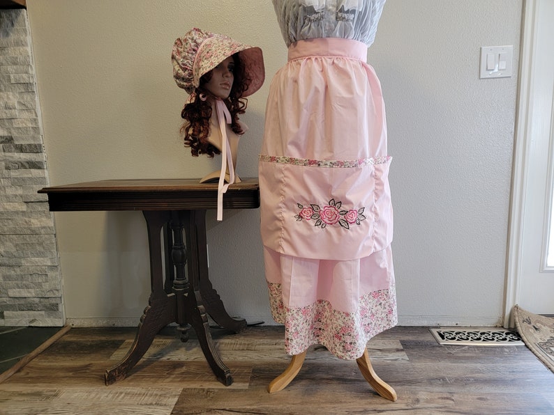 Pioneer Trek 3 piece Set, embroidered apron, bonnet, skirt, Wagon Train reeneactment, Prairie Clothes, Pioneer Clothing, Vintage Pink Roses image 1