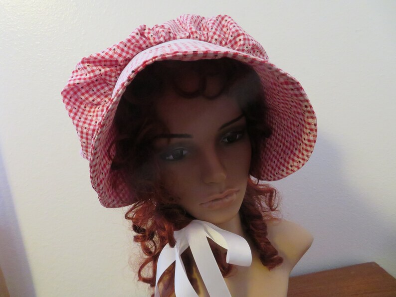 Ladies Pioneer Trek Prairie Victorian Civil War Bonnet Sunbonnet Primitive historical hat, reenactment lace trimmed red floral gingham check image 8