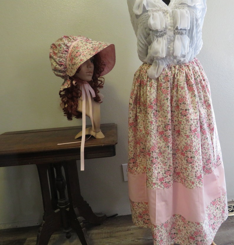 Pioneer Trek 3 piece Set, embroidered apron, bonnet, skirt, Wagon Train reeneactment, Prairie Clothes, Pioneer Clothing, Vintage Pink Roses image 8