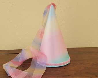 Rainbow Satin Princess Medieval Cone Hat, glitter tulle, renaissance, henin, headpiece, headwear, fairy tale, crown, girls, adults pretend