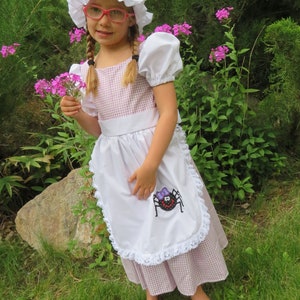 Little Miss Muffett dress and mop cap, Girls costume NEW Fairy tale, nursery rhyme, curds & whey, gingham check, purple, spider, story book, image 6