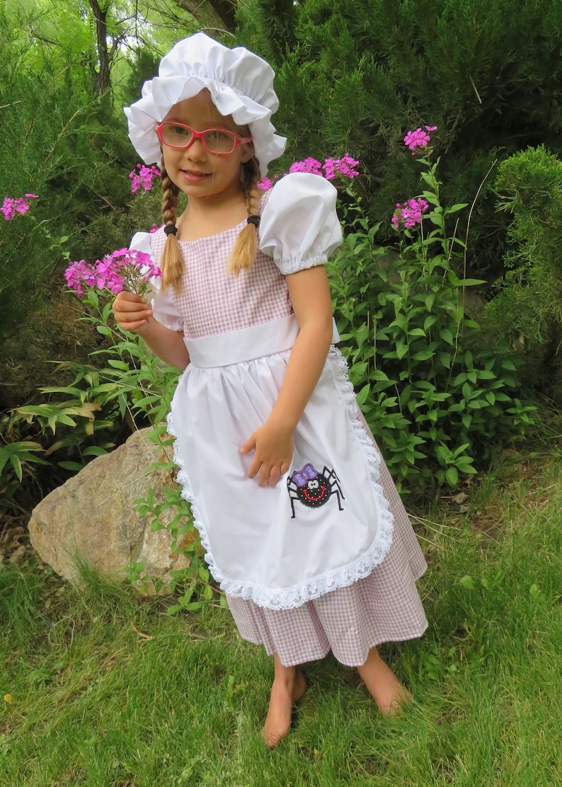 Little Miss Muffett dress and mop cap, Girls costume NEW Fairy tale, nursery rhyme, curds & whey, gingham check, purple, spider, story book, image 6