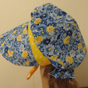 Ladie or teens Pioneer Sunbonnet, Prairie, Victorian, Civil War Bonnet, Primitive, Blue and yellow floral, polka dots, poke bonnet, new image 2