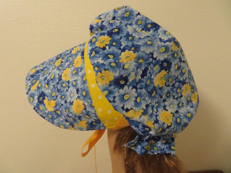 Ladie or teens Pioneer Sunbonnet, Prairie, Victorian, Civil War Bonnet, Primitive, Blue and yellow floral, polka dots, poke bonnet, new image 2