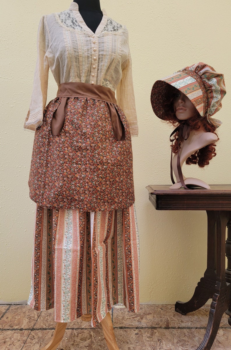 Women's / Teens 3 piece pioneer set, apron, skirt, bonnet, prairie outfit, pioneer trek clothing, wagon train reenactment, 1800's, Browns image 1