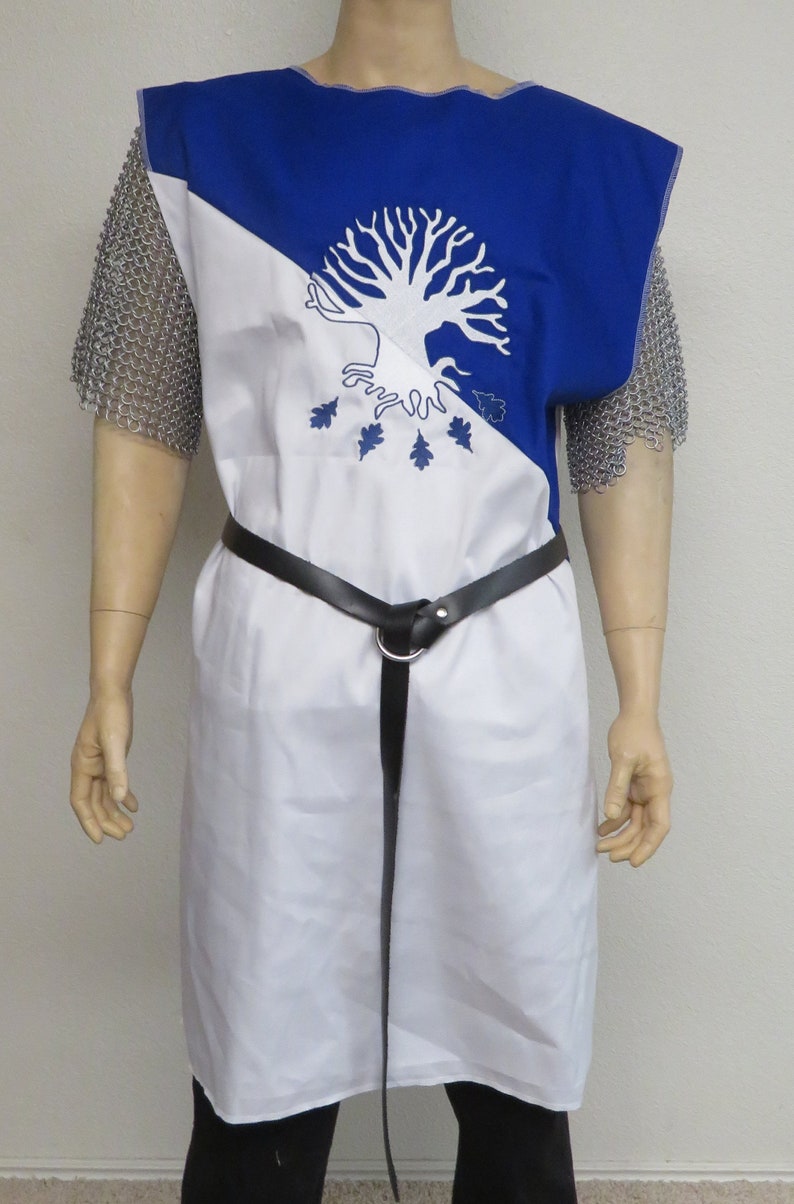 Blue & White Knight Medieval Surcoat with embroidered Tree, renaissance, Sir Bedevere, search for the holy grail, tunic, tabard, cosplay image 2