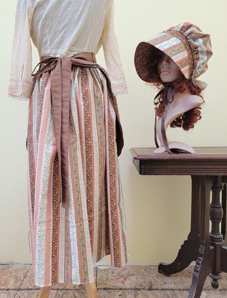 Women's / Teens 3 piece pioneer set, apron, skirt, bonnet, prairie outfit, pioneer trek clothing, wagon train reenactment, 1800's, Browns image 7