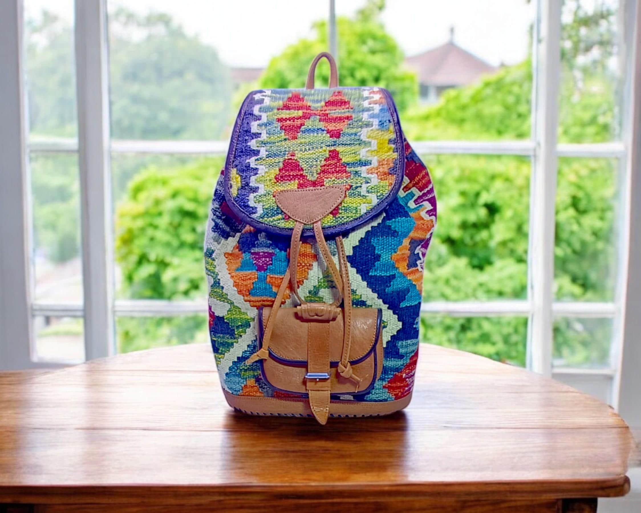 Zaini artigianali Kilim marocchini, zaino in pelle, zaino boho, zaino da viaggio boho, zaini hippie, zaino in pelle Kilim