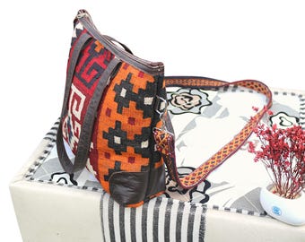 Handmade Kilim Shoulder Bag | Red Carpet Bag Handles for Women | Kilim Leather Handbag Stylish carpet weekender leather Bag | gift for her