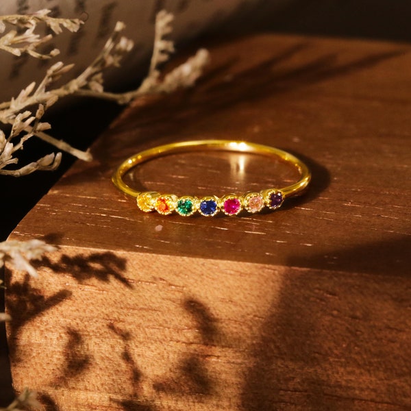 18k Regenbogen Diamant Ring, Multi Edelstein Ring, Sterling Silber Stapelring, Halbe Eternity Band, minimalistischen Schmuck, Geschenk für sie, Reise Ringe