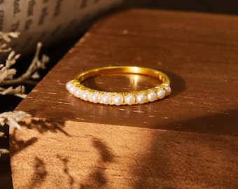 18k Pearls Half Hoop Ring，Minimalism Pearl Ring，Sterling Silver Stacking Ring，Mother's Day gifts，Handmade jewelry，Gift For Mom