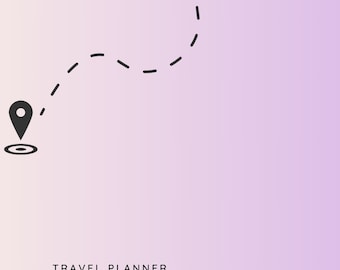 Puede incluir: Un fondo degradado morado y blanco con un icono de avión negro volando hacia la derecha. Una línea discontinua conecta el avión con un icono de pin negro a la izquierda. El texto "TRAVEL PLANNER" está centrado debajo de los iconos.