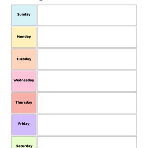 Op de afbeelding: Een wekelijkse planner met een lege ruimte voor elke dag van de week. De dagen van de week staan in een kolom aan de linkerkant van de planner. Elke dag heeft een gekleurd vak met de dag van de week in zwarte tekst. De dagen van de week zijn zondag, maandag, dinsdag, woensdag, donderdag, vrijdag en zaterdag.