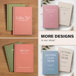 The image is a collage of four photos featuring books titled "Megan" and "Letters to my mom" with custom text on their covers.
