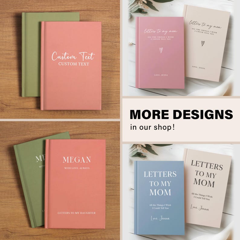 The image is a collage of four photos featuring books titled "Megan" and "Letters to my mom" with custom text on their covers.