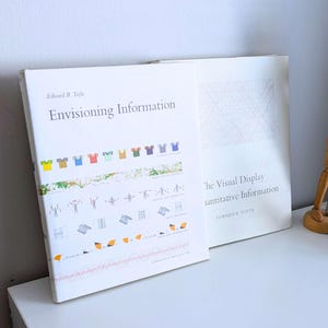 May include: Two white hardcover books by Edward R. Tufte. The front book is titled Envisioning Information and features colorful graphic illustrations of shirts, figures, and geometric shapes. The back book is titled The Visual Display of Quantitative Information.