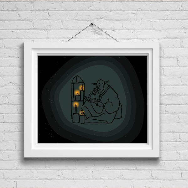 Studious orc reading by candlelight in a cozy cave nook, gift for goblins, digital printable art, cottagecore goblincore aesthetic