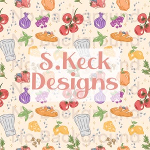 May include: A repeating pattern featuring various food illustrations, including tomatoes, onions, grapes, bread, cheese, lemons, strawberries, bell peppers, mushrooms, chef hats, and sprigs of herbs. The text "S. Keck Designs" is overlaid on the design.