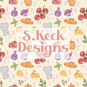 May include: A repeating pattern featuring culinary elements like tomatoes, onions, bread, cheese, and chef hats. The design includes the text "S. Keck Designs" in a soft pink hue, set against a light beige background with scattered stars.