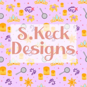 May include: A purple background with a repeating pattern of yellow suns, gold crowns, purple flowers, lanterns, and frying pans. The text "S. Keck Designs" is in the center of the image.