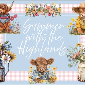 Cute Summer Highland Cows, Commercial Use, Digital Download