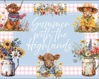 Cute Summer Highland Cows, Commercial Use, Digital Download