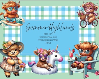 Summer Highland Cow Clipart | Summer Cow Clipart Bundle | Cute Highland Cow Png | Digital Download Png | Sublimation Design