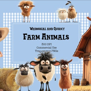 Téléchargement numérique | Technique mixte Animaux originaux mignons | Livres de souvenirs | Clipart lunatique d&#39;animaux de ferme | Clipart drôle d&#39;animaux