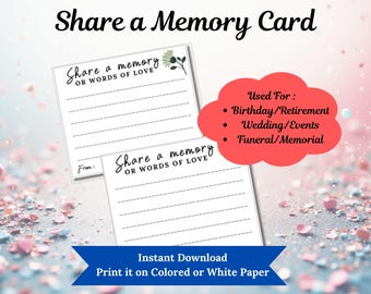 Puede incluir: Dos tarjetas de memoria blancas con el texto "Share a memory or words of love" y espacios con líneas. Una forma de nube roja enumera los usos: Cumpleaños/Jubilación, Boda/Eventos, Funeral/Memorial. El texto "Instant Download" está en una pancarta azul.