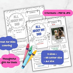 Carte imprimable Tout sur mon père, questionnaire pour la fête des pères, activité de coloriage à faire soi-même pour la fête des pères, cadeau pour papa des enfants, coloriage J'aime mon père