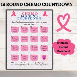 16 Round Breast Cancer Chemo Tracker Printable Treatment Countdown Calendar Cancer Fighter Motivate Cancer journey Cancer Care Package