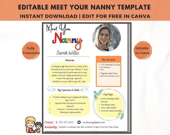 Nanny Profile Professional Flyer TEMPLATE, Meet Your Nanny, Nanny ...