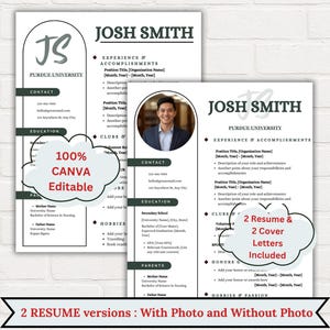 Könnte beinhalten: Zwei Lebenslaufvorlagen mit dem Namen "Josh Smith" und dem Branding "Purdue University". Ein Lebenslauf enthält ein Foto. Die Lebensläufe sind mit "100% Canva Editable" gekennzeichnet und enthalten "2 Lebensläufe & 2 Anschreiben enthalten".